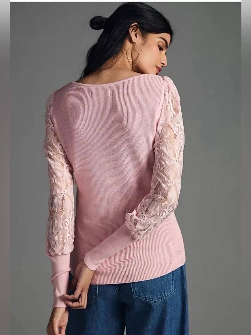 Anthropologie Ribbed Knit Top Lace Sheet Sleeves Sweetheart Neck Soft Pink Small
